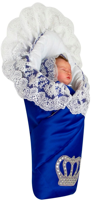 Зимний конверт-одеяло на выписку Luxury Baby Империя синий с молочным кружевом и большой короной на липучке