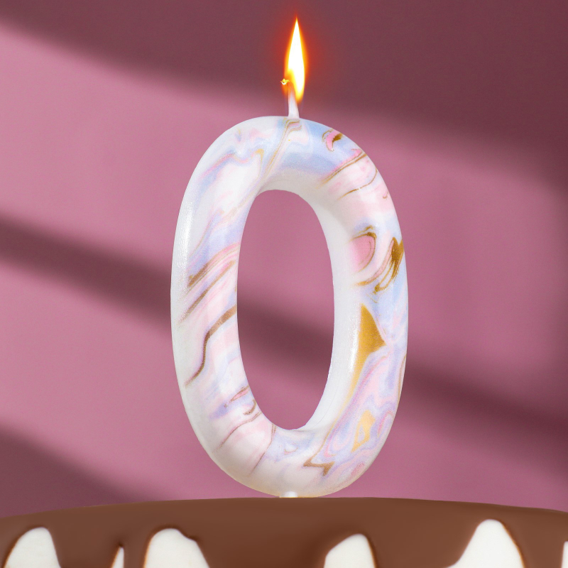 Свеча в торт Страна Карнавалия Белый мрамор цифра 0, гигант, 12,5 см